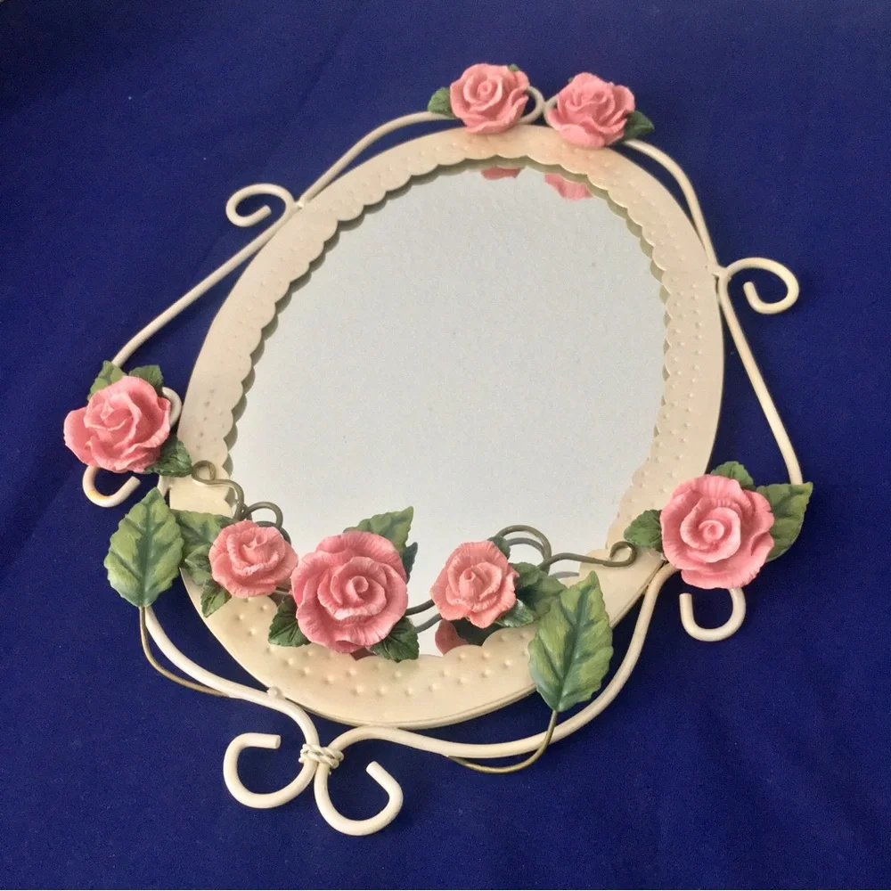 Vintage Oval Mirror with Pink Roses - Picture 3 of 10